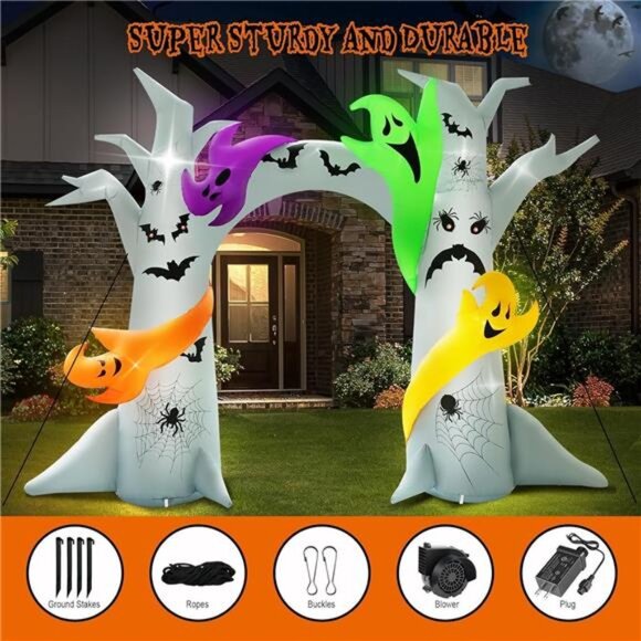 14FT Length X 10FT Tall Halloween Inflatable Tree Arch with 4 Colorful Ghosts, - Picture 6 of 7